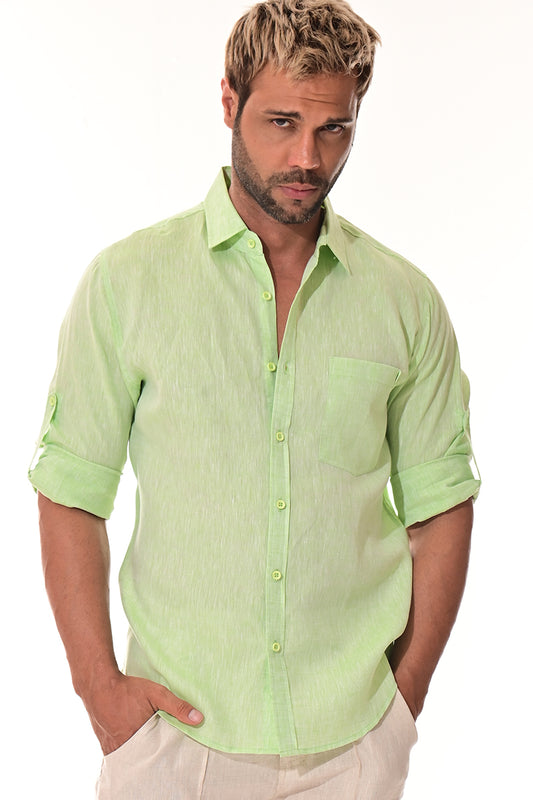 Men Linen Yarn Dye Roll-Up Slv Shirt-GREEN-Color Options-MLS1358-6 PCS/PRE-PACK