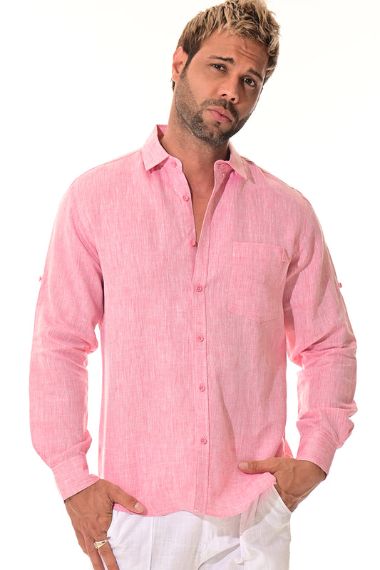 Men Linen Yarn Dye Roll-Up Slv Shirt-RED-Color Options-MLS1358-6 PCS/PRE-PACK