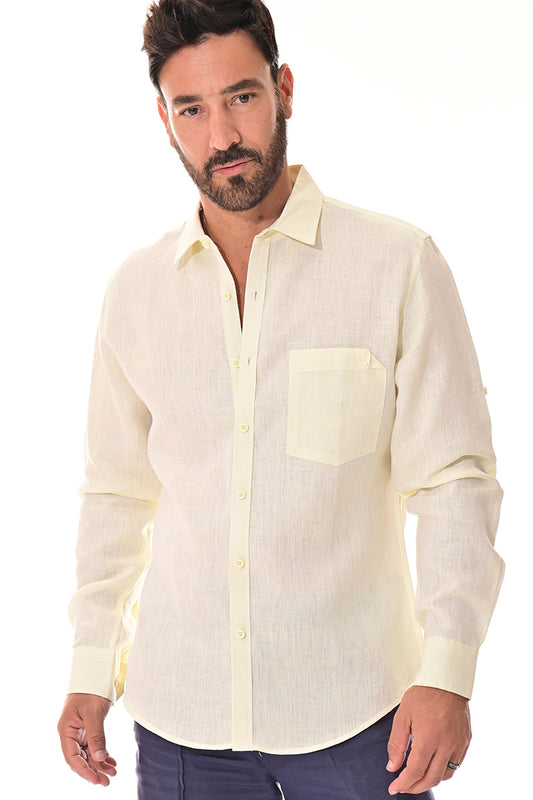 Men Linen Yarn Dye Roll-up Slv Shirt-YELLOW-Color Options-MLS1358-6 PCS/PRE-PACK