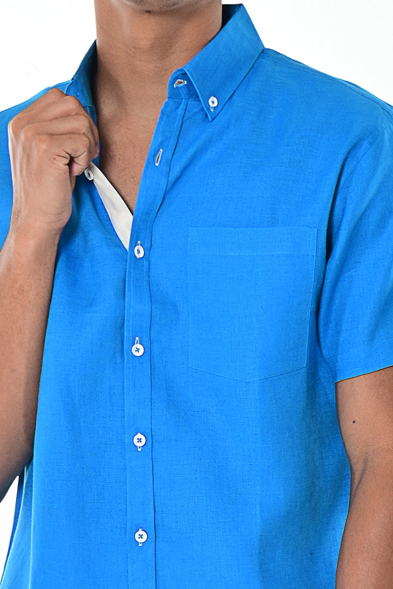 Men Linen Shirt Short Sleeve ROYAL - MLS1554