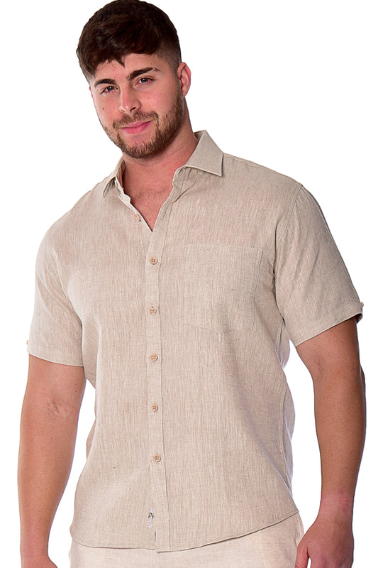 Men Linen Plain Shirt Short Sleeve - Beige - MLS2042- 6 PCS/PRE-PACK