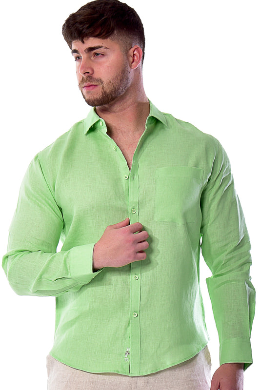 Men Linen Plain Shirt Long Sleeve GREEN - Color Options - MLS2043- 6 PCS/PRE-PACK