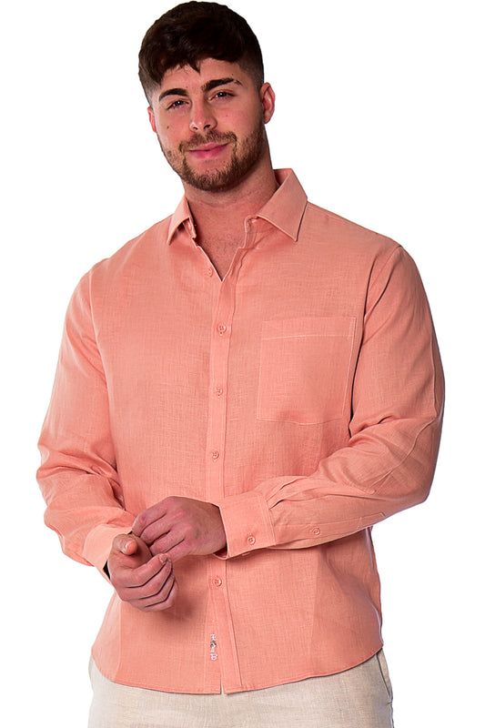Men Linen Plain Shirt Long Sleeve SALMON - Color Options - MLS2043- 6 PCS/PRE-PACK