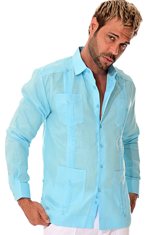 Men L/S Guayabera 100% Linen Traditional 4 pocket-AQUA-Color Options-MLS501 - 6 PCS/PRE-PACK