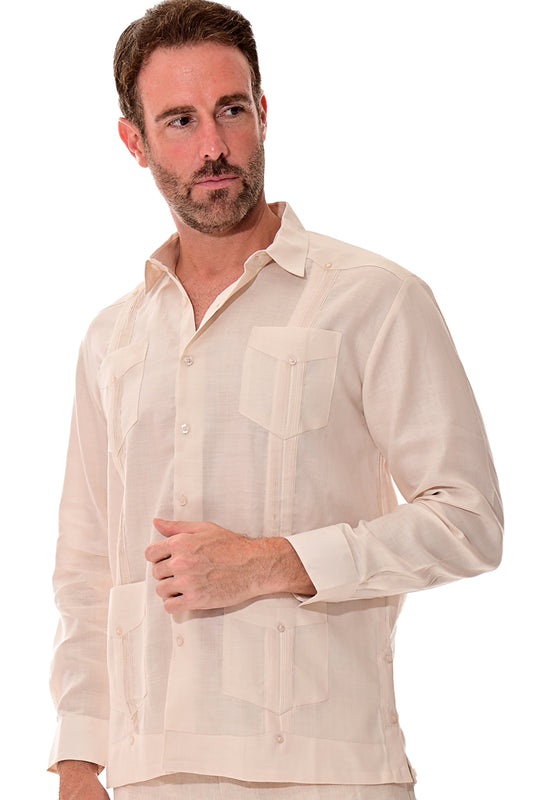 Men L/S Guayabera 100% Linen Traditional 4 pocket-NATURAL-Color Options-MLS501 - 6 PCS/PRE-PACK