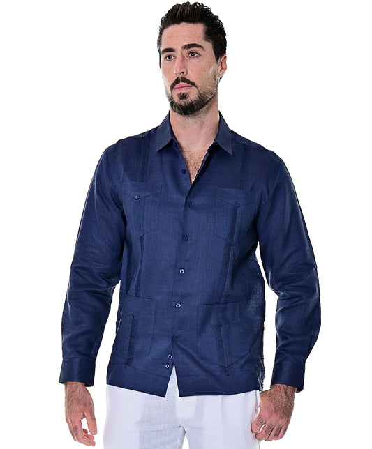 Men Linen Classic L/S Guayabera-NAVY-Color Options-MLS401-6 PCS/PRE-PACK