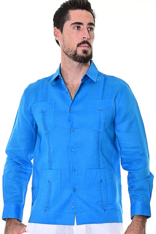 Men L/S Guayabera 100% Linen Traditional 4 pocket-ROYAL-Color Options-MLS501 - 6 PCS/PRE-PACK