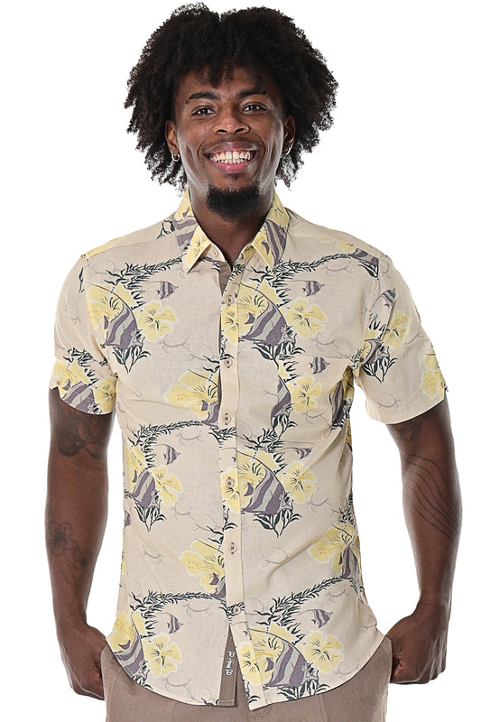 Men Linen Cellulose Shirt Short Sleeve Fish Tropical-MLSP1694 - 6 PCS/PRE-PACK