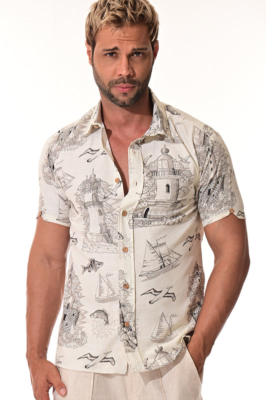 Men's Short Sleeve Button Down Tropical Print Shirt-IVORY- MRS1025 - 6 PCS/PRE-PACK