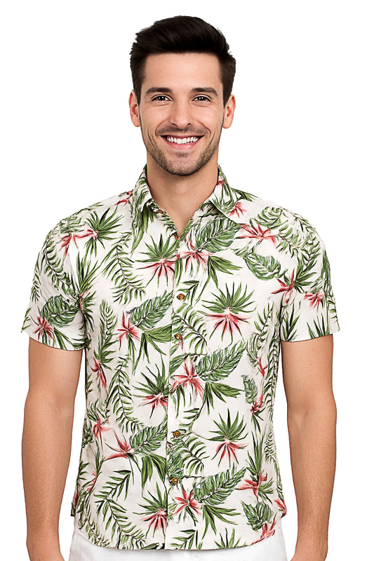 Men Cotton-Poly Short Sleeve Tropical Print Shirt-WHITE/GREEN-BOHIO - MRS3521 - 6 PCS/PRE-PACK