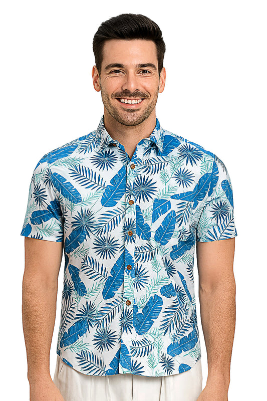 Men Cotton-Poly Short Sleeve Tropical Print Shirt-WHITE/BLUE-BOHIO - MRS3522 - 6 PCS/PRE-PACK