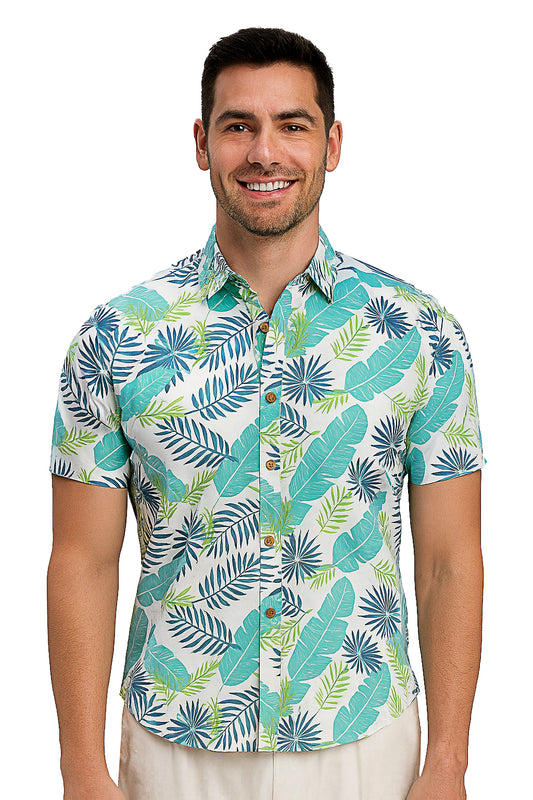 Men Cotton-Poly Short Sleeve Tropical Print Shirt-WHITE/MINT-BOHIO - MRS3523 - 6 PCS/PRE-PACK