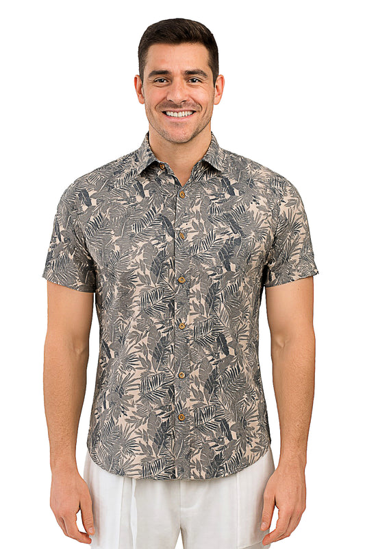 Men Cotton-Poly Short Sleeve Tropical Print Shirt-BEIGE/SAGE-BOHIO - MRS3550 - 6 PCS/PRE-PACK