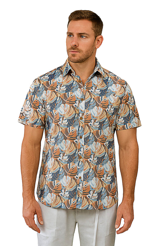 Men Cotton-Poly Short Sleeve Tropical Print Shirt-WHITE/BEIGE-BOHIO - MRS3551 - 6 PCS/PRE-PACK