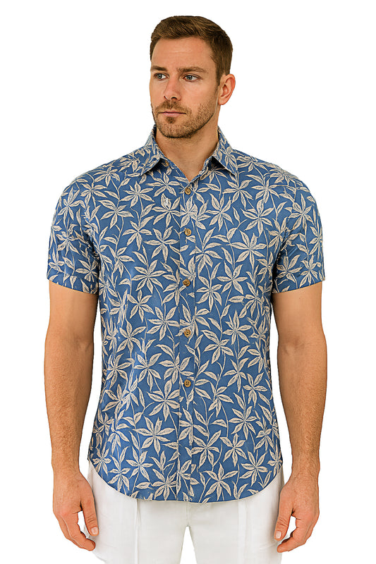Men Cotton-Poly Short Sleeve Tropical Print Shirt-BLUE/BEIGE-BOHIO - MRS3552 - 6 PCS/PRE-PACK