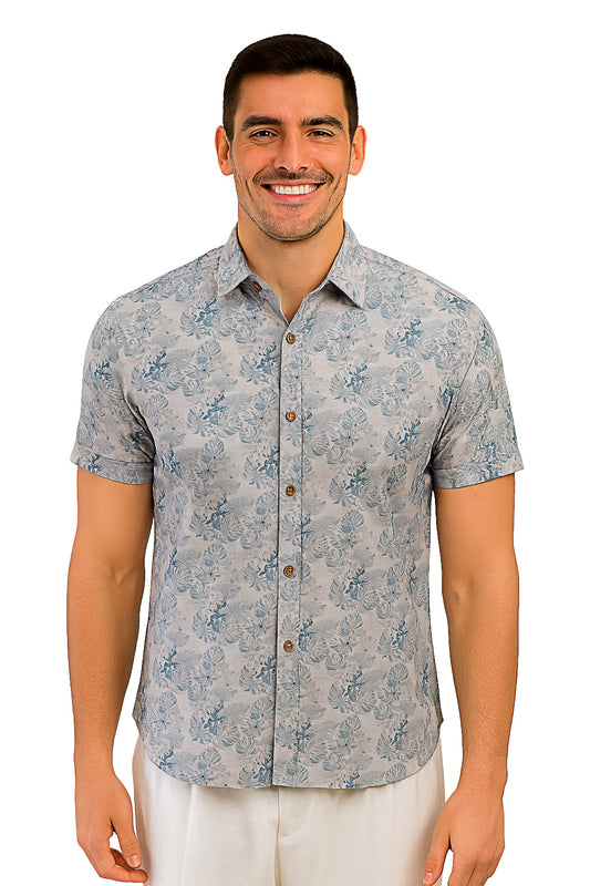 Men Cotton-Poly Short Sleeve Tropical Print Shirt-GRAY-BOHIO - MRS3553 - 6 PCS/PRE-PACK