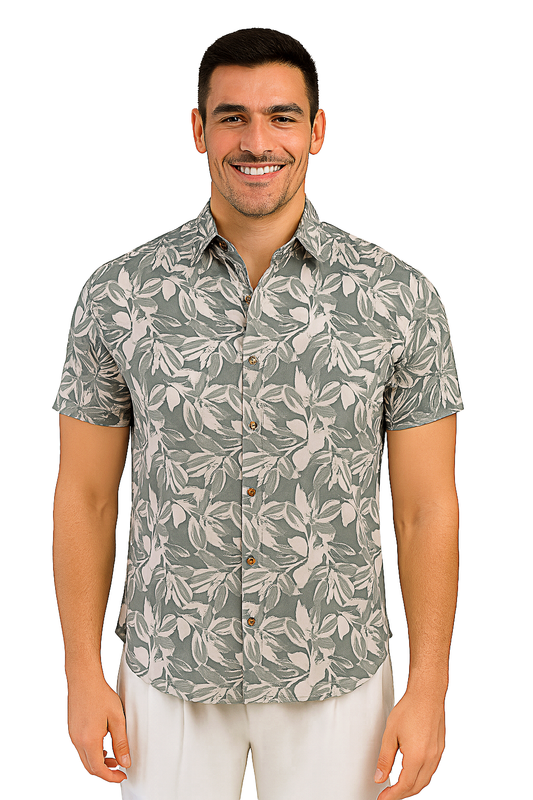 Men Cotton-Poly Short Sleeve Tropical Print Shirt-SAGE/BEIGE-BOHIO - MRS3554 - 6 PCS/PRE-PACK