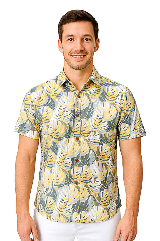Men Cotton-Poly Short Sleeve Tropical Print Shirt-WHITE/BEIGE-BOHIO - MRS3555 - 6 PCS/PRE-PACK