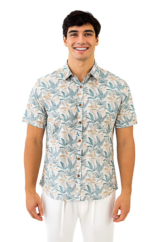 Men Cotton-Poly Short Sleeve Tropical Print Shirt-IVORY/SAGE-BOHIO - MRS3675 - 6 PCS/PRE-PACK