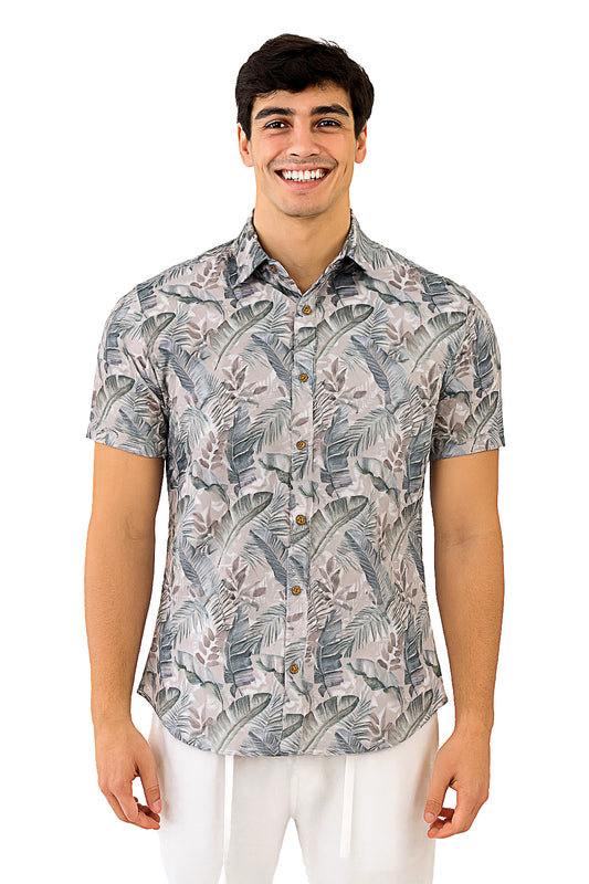Men Cotton-Poly Short Sleeve Tropical Print Shirt-BEIGE/SAGE-BOHIO - MRS3682 - 6 PCS/PRE-PACK