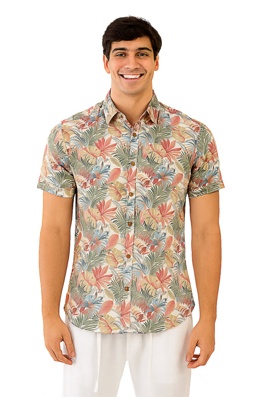Men Cotton-Poly Short Sleeve Tropical Print Shirt-IVORY/SAGE-BOHIO - MRS3685 - 6 PCS/PRE-PACK