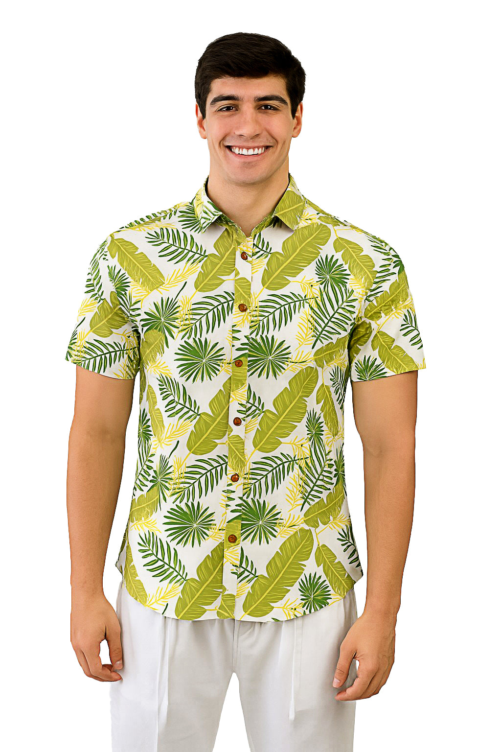 Men Cotton-Poly Short Sleeve Tropical Print Shirt-WHITE/GREEN-BOHIO - MRS3721 - 6 PCS/PRE-PACK