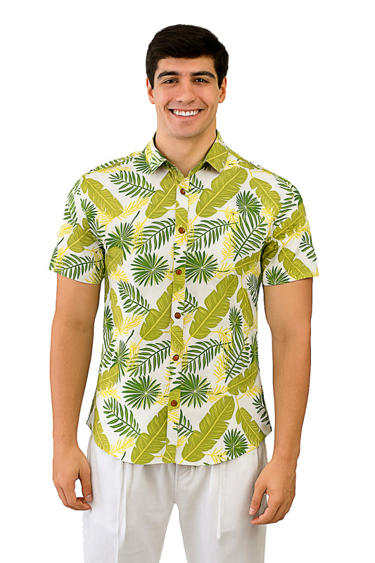 Men Cotton-Poly Short Sleeve Tropical Print Shirt-WHITE/GREEN-BOHIO - MRS3721 - 6 PCS/PRE-PACK