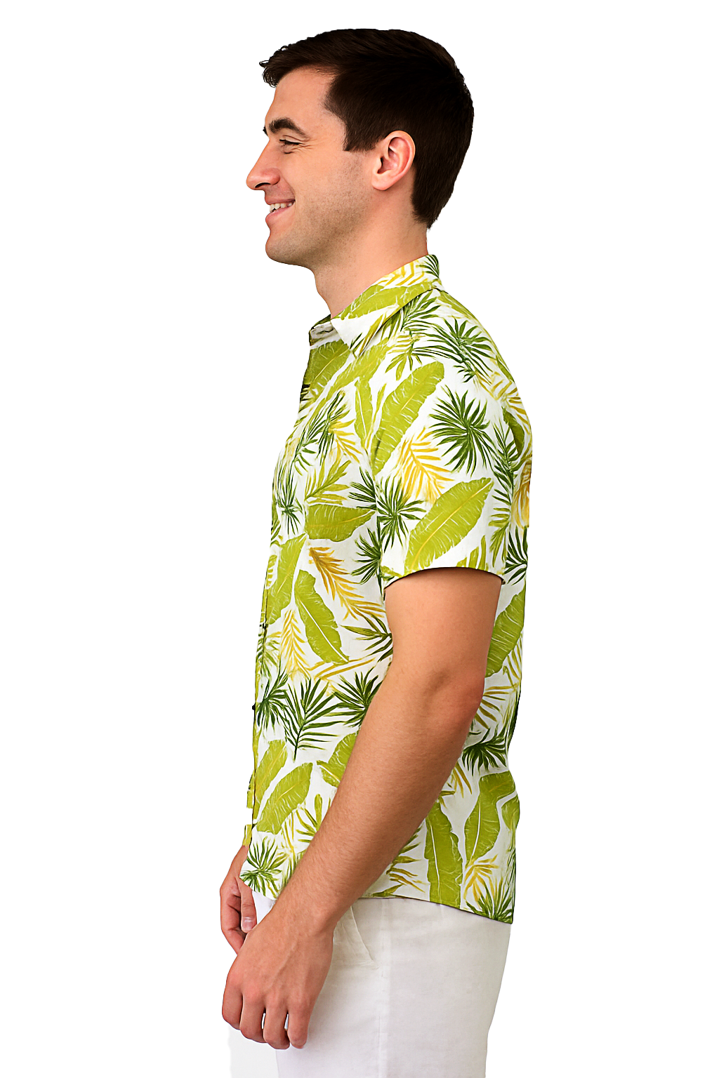 Men Cotton-Poly Short Sleeve Tropical Print Shirt-WHITE/GREEN-BOHIO - MRS3721 - 6 PCS/PRE-PACK