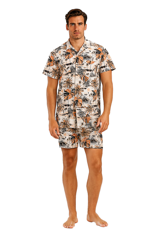Men 2 Piece Set Button Down Shirt & Shorts-IVORY/BEIGE-MSH3711 - 6 PCS/PRE-PACK