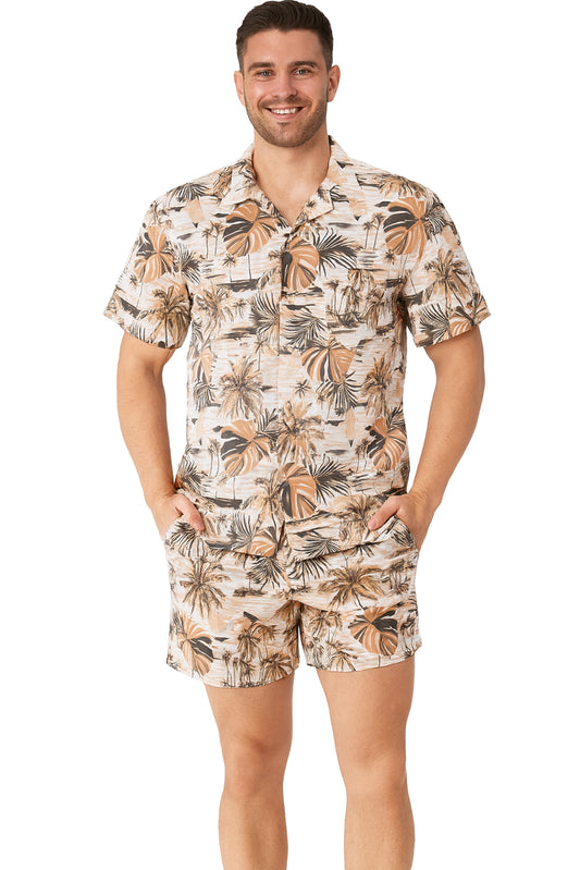 Men 2 Piece Set S/S Shirt & Shorts-IVORY/BEIGE-MSH3711 - 6 PCS/PRE-PACK