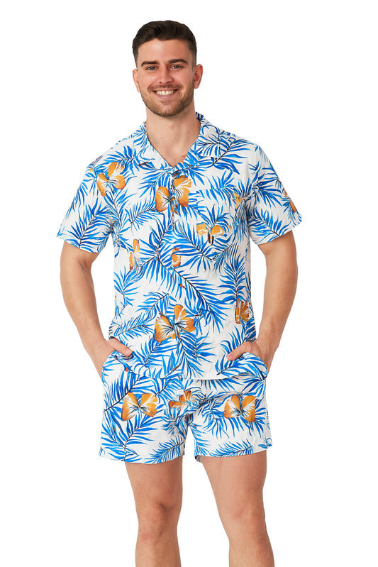 Men 2 Piece Set Shirt & Shorts Tropical-WHITE/BLUE-MSH3712 - 6 PCS/PRE-PACK