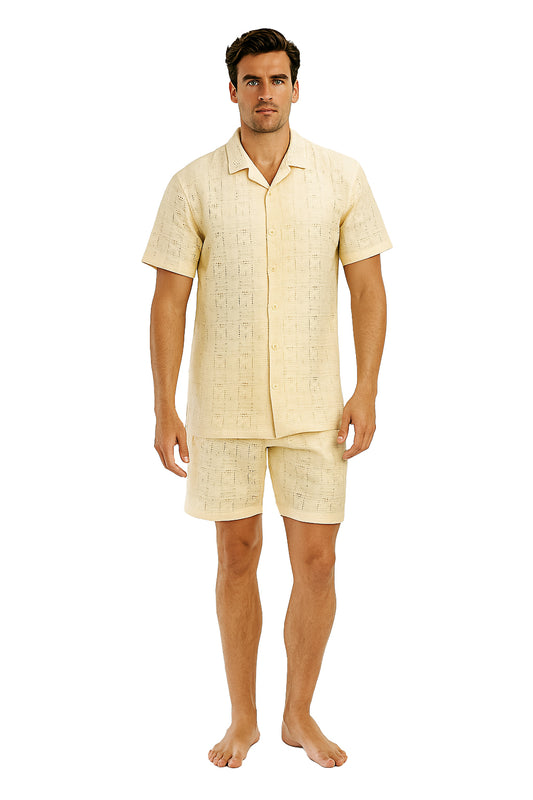 Men 2 Piece Set Button Down Shirt & Shorts-NATURAL-Color Options-MSH3713 - 6 PCS/PRE-PACK