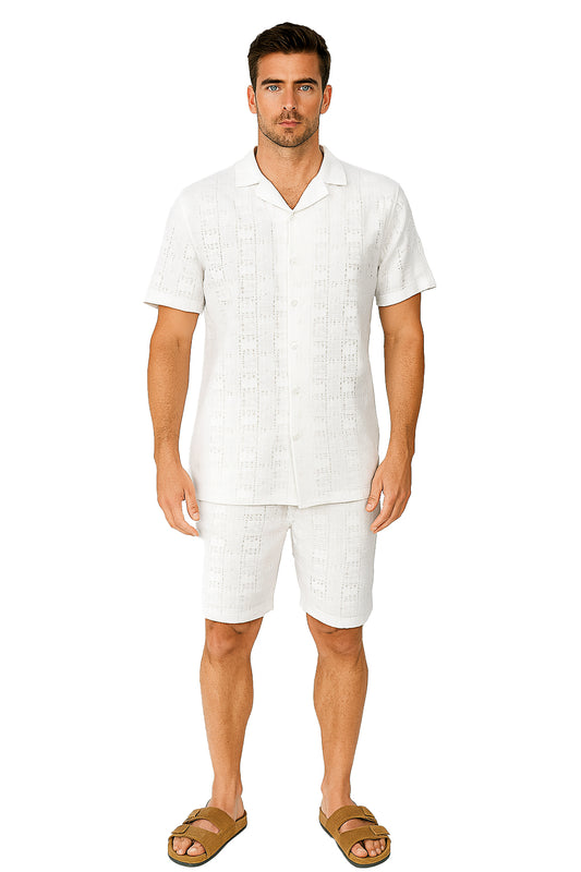 Men 2 Piece Set Button Down Shirt & Shorts-WHITE-Color Options-MSH3713 - 6 PCS/PRE-PACK