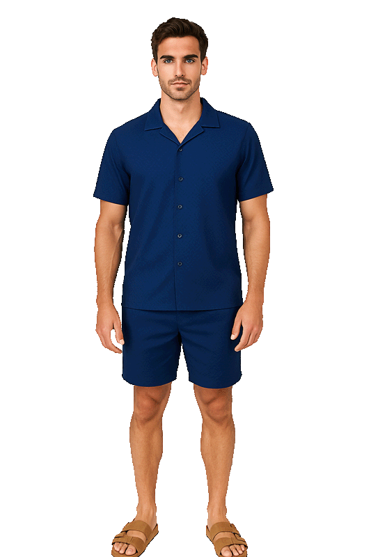 Men 2 Piece Set Button Down Shirt & Shorts-NAVY-Color Options-MSH3714 - 6 PCS/PRE-PACK