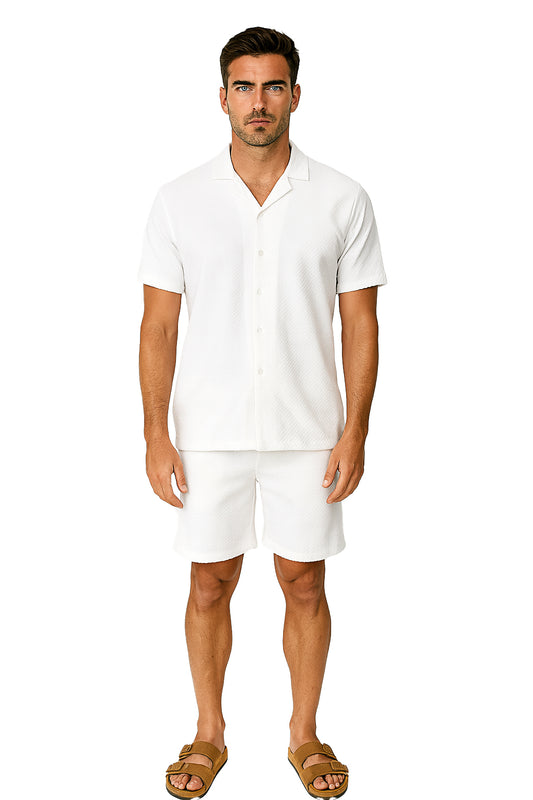 Men 2 Piece Set Button Down Shirt & Shorts-WHITE-Color Options-MSH3714 - 6 PCS/PRE-PACK