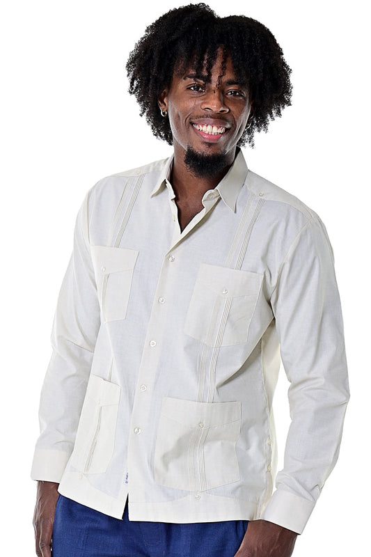 Men Cotton Blend Classic Guayabera L/S Shirt-NATURAL-Color Options-MTCG1511 - 6 PCS/PRE-PACK