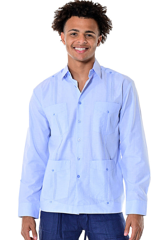 Men Cotton Blend Classic Guayabera L/S Shirt-LT.BLUE-Color Options-MTCG1511 - 6 PCS/PRE-PACK