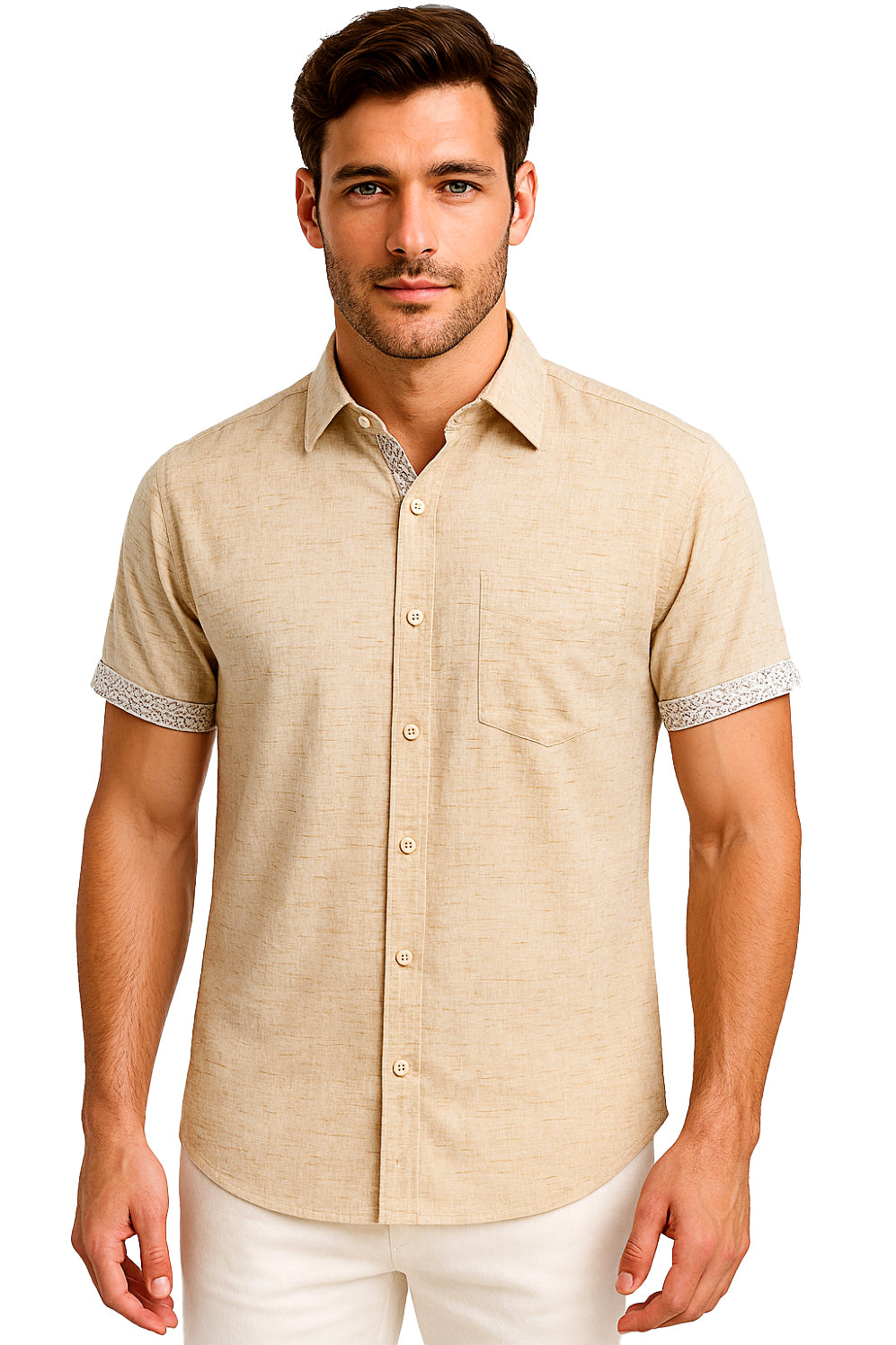 Men's LINEN LOOK S/S Button Down Shirt Contrast Slv Trim - LT. BLUE - MLL3498 -COLOR OPTIONS - 6 PCS/PRE-PACK